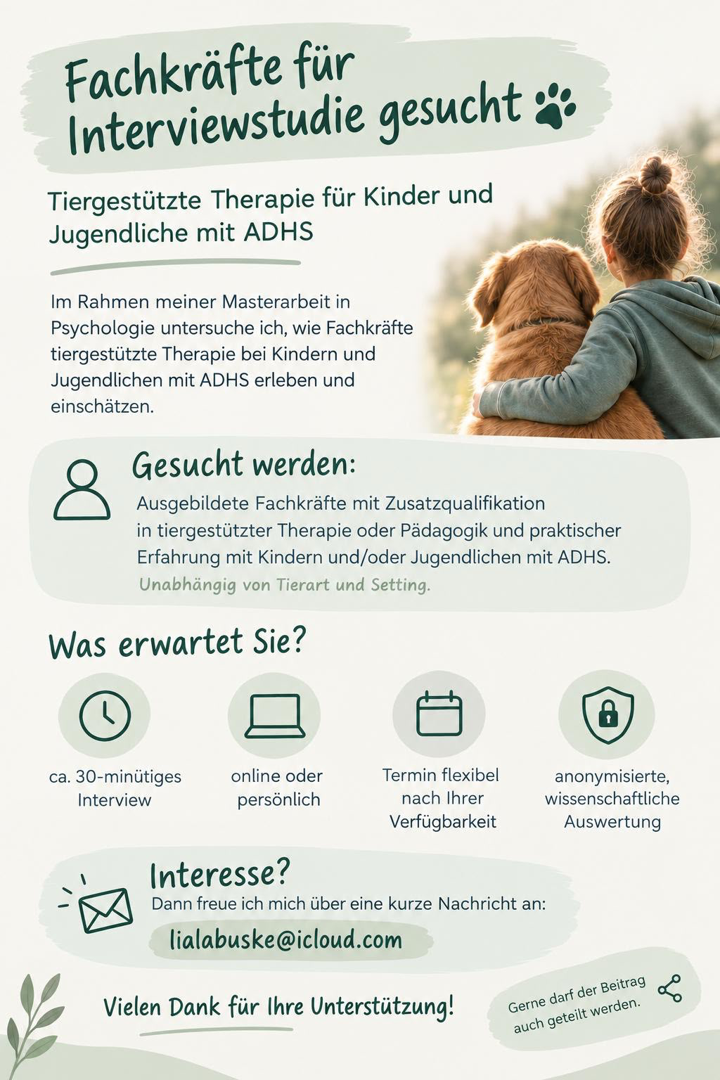 Fachkräfte für Interviewstudie zu tiergestützter Therapie bei Kindern und Jugendlichen mit ADHS gesucht