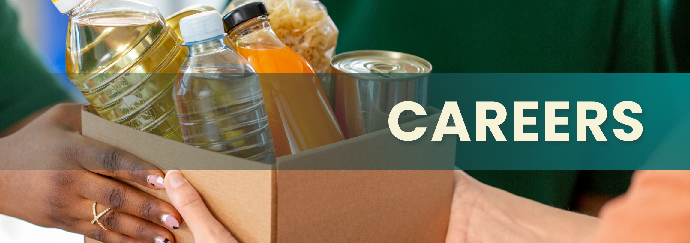 Close up of handing over a bag of groceries with text: Careers