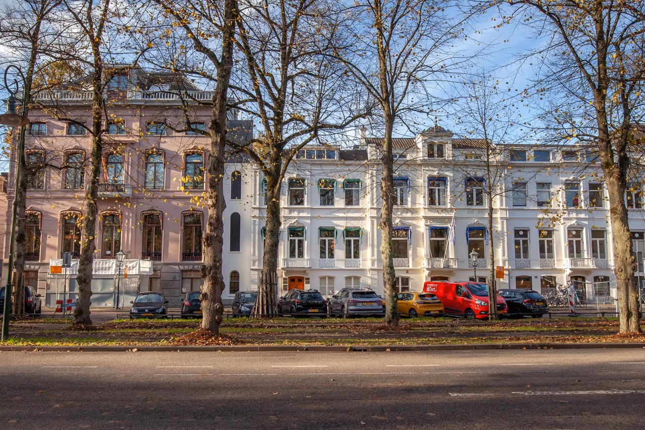 A row of historic buildings along a street, featuring a pink building on the left and white buildings on the right, with trees and parked cars in the foreground under a clear blue sky.