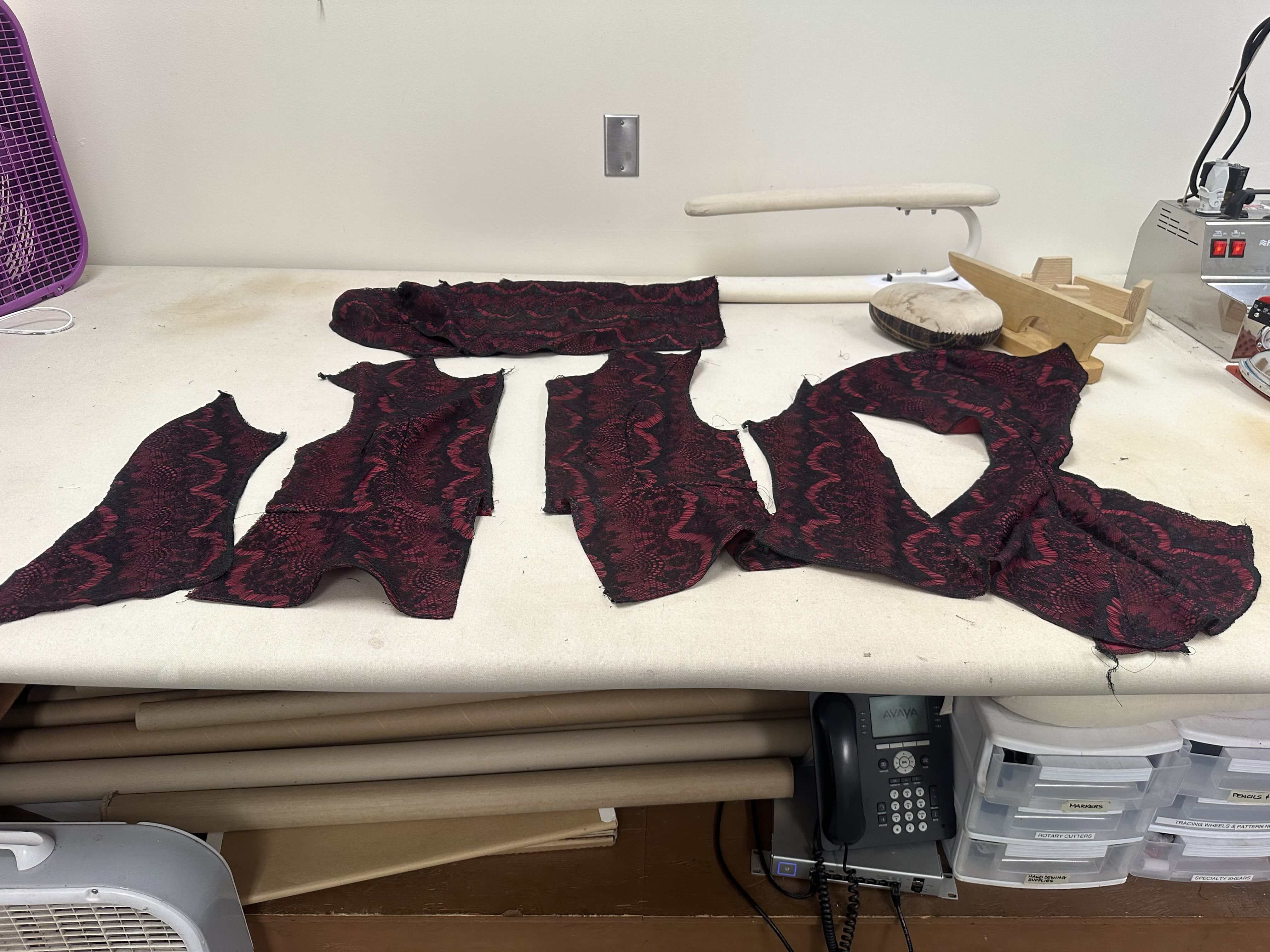 Dowager jacket in pieces flatlined with lace