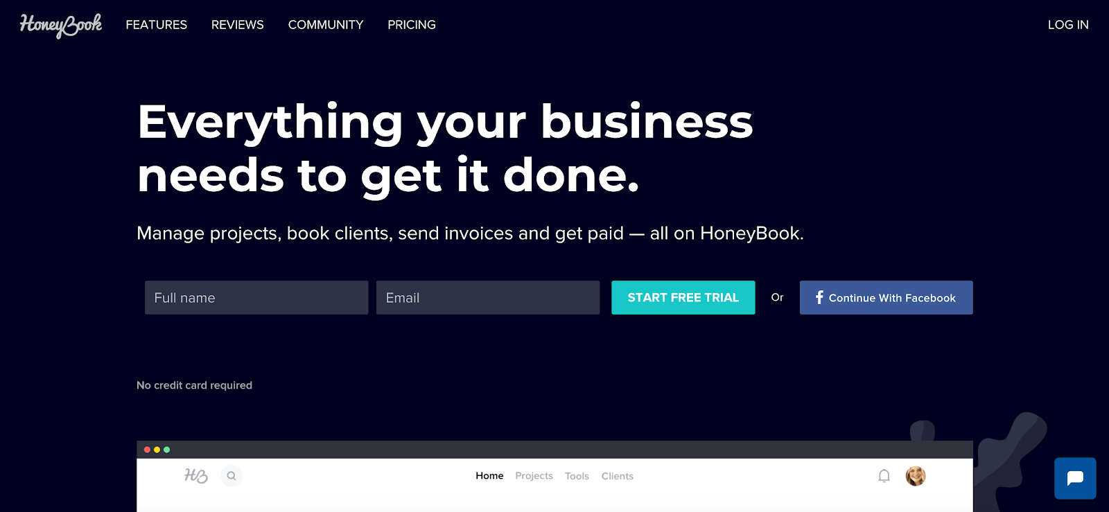 Honeybook homepage