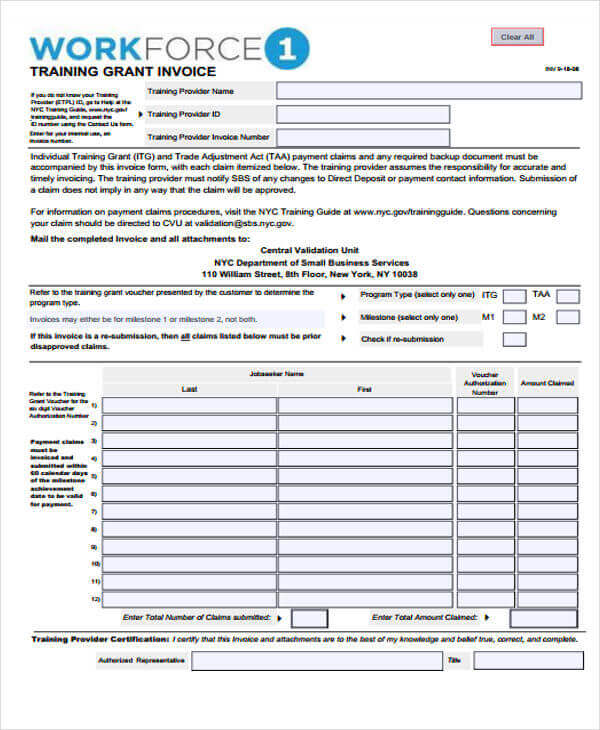 Modèle de facture de formation