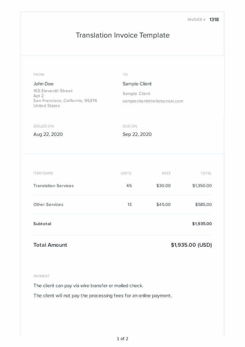 Modèle de facture de traduction