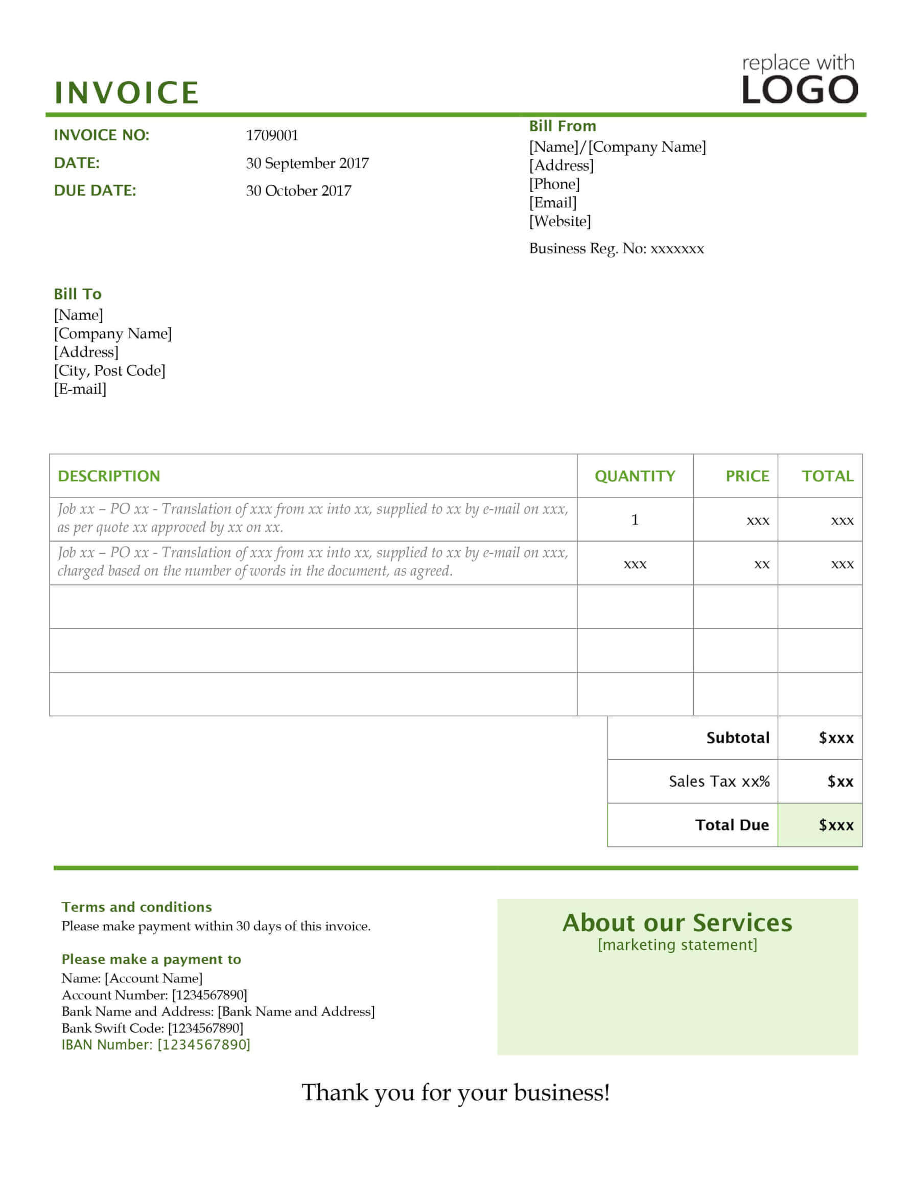 modèle de facture de traduction