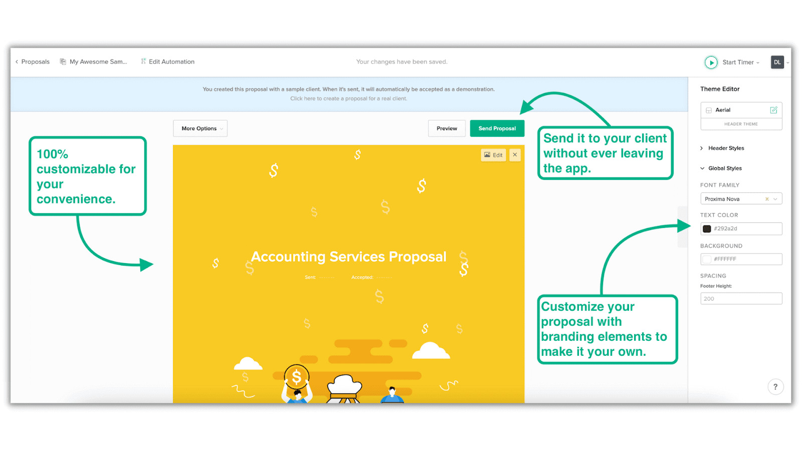 Utilisez Bonsai pour créer votre proposition de services comptables. 