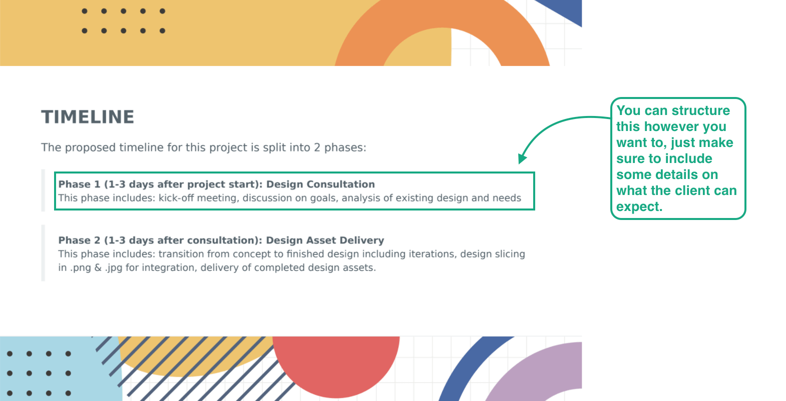 Cette image montre la section « calendrier » du modèle de proposition graphique de Bonsai, où des annotations soulignent l'importance d'inclure des détails sur le calendrier du projet.