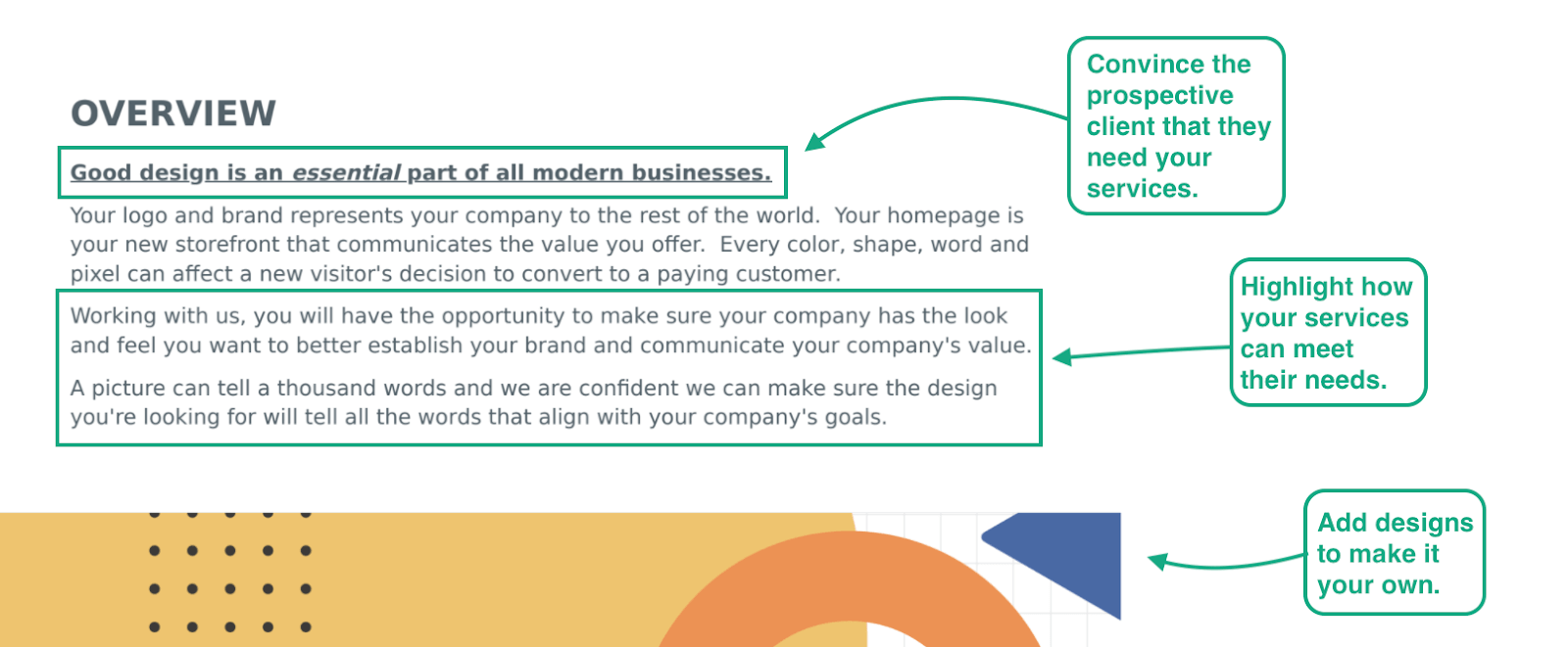 Cette image montre le modèle de proposition graphique de Bonsai avec des annotations concernant la manière de convaincre le client et d'exprimer votre valeur dans les premières pages de votre proposition.