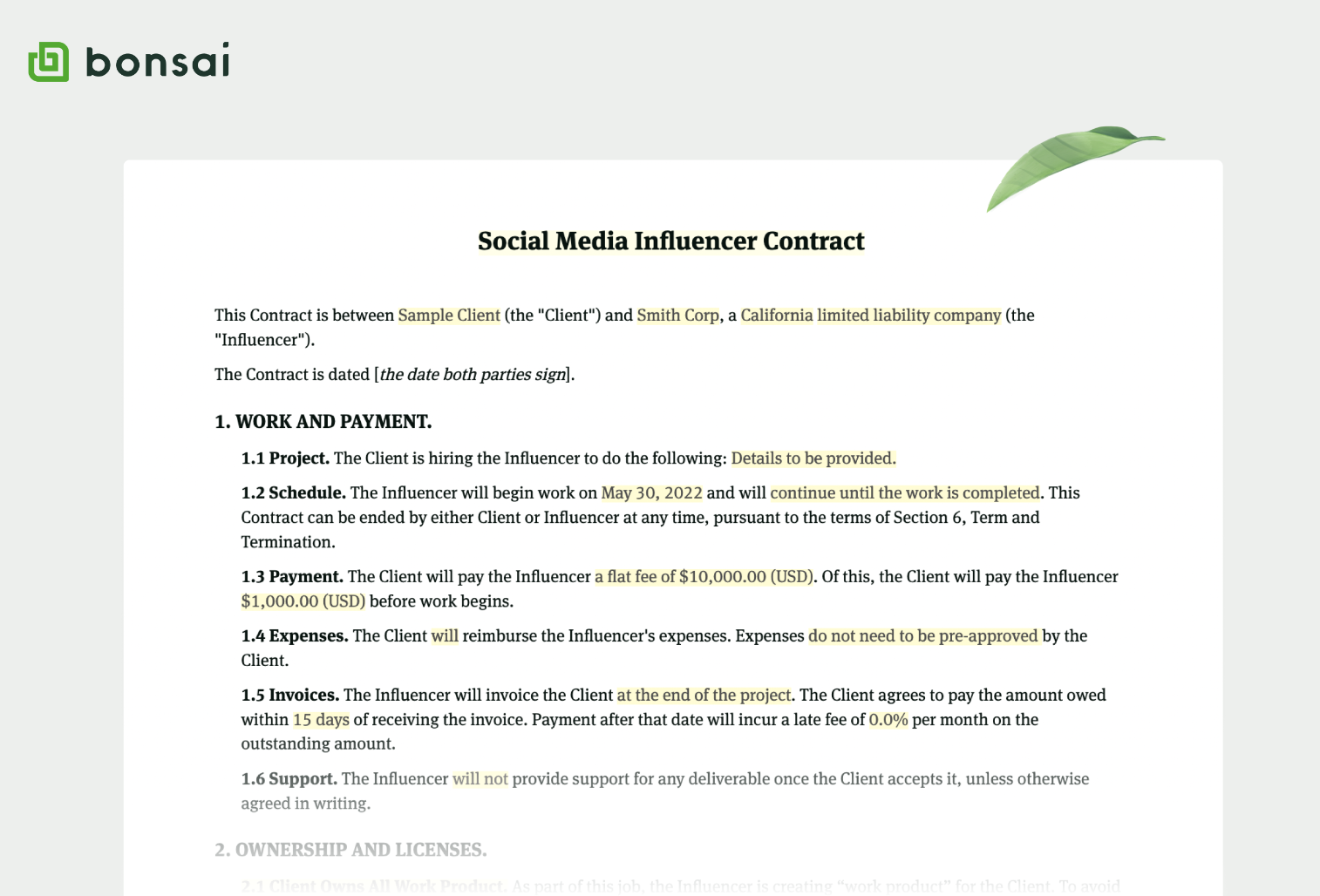 Modèle de marketing d'influence de Bonsai