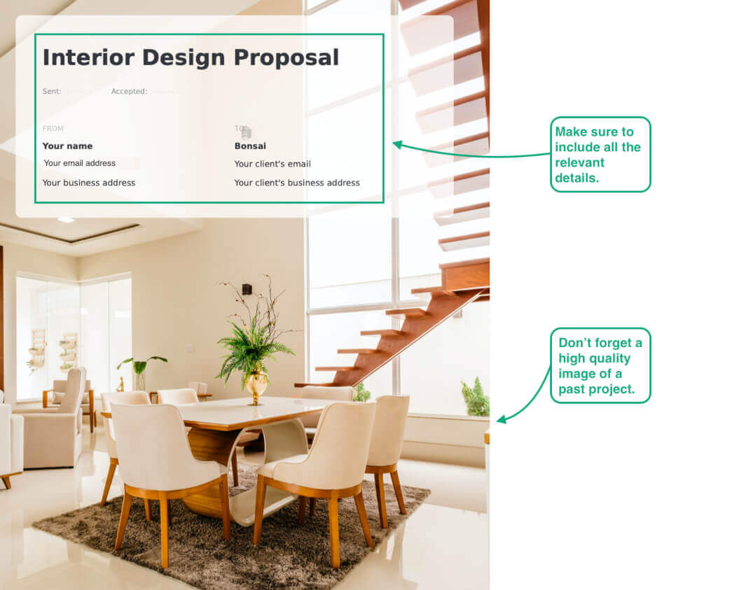 la page de couverture d'une proposition d'aménagement intérieur, comprenant une image tirée de projets d'aménagement intérieur antérieurs