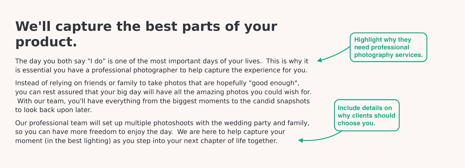 Cette image montre le modèle de lettre de motivation de Bonsai Photography qui présente la proposition aux clients en soulignant pourquoi ils ont besoin de services photographiques et en quoi vous êtes leur meilleure option.