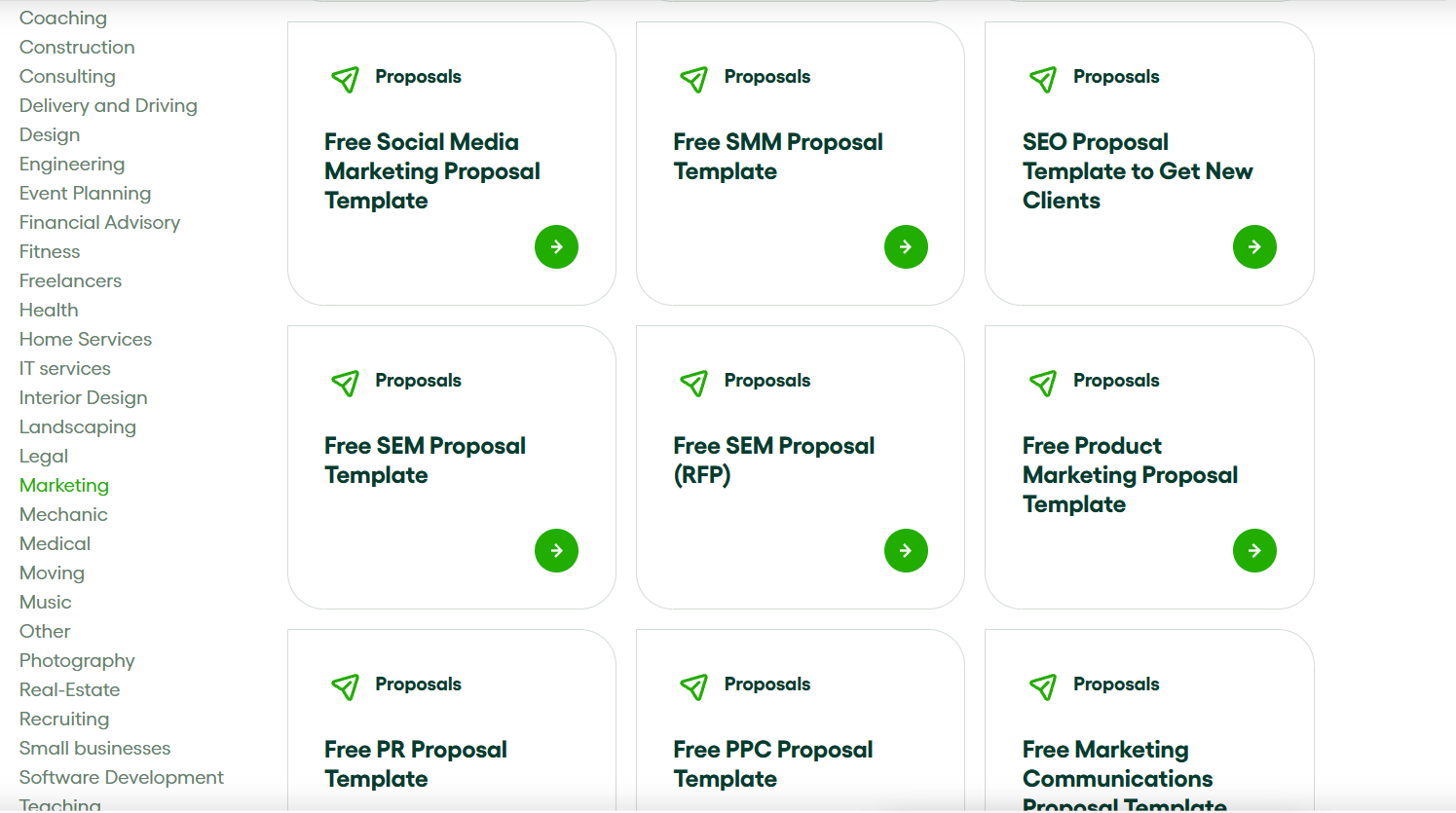 Une capture d'écran de certains des nombreux modèles de proposition de Bonsai, des fonctionnalités très utiles pour le CRM d'une agence de publicité.