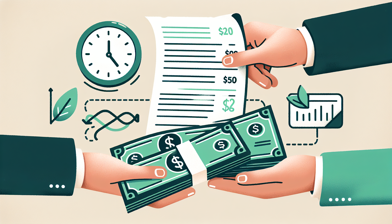 Mains échangeant de l'argent et des factures