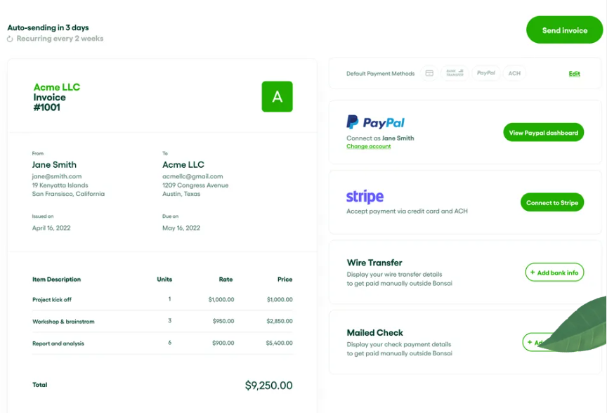 A screenshot of an invoice template from Bonsai, helping agencies remain consistent and keep clients informed during agency onboarding. 