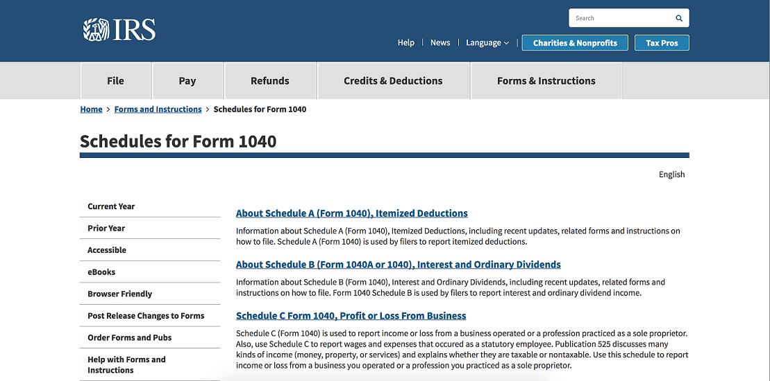 Screenshot of IRS Website & Form 1040