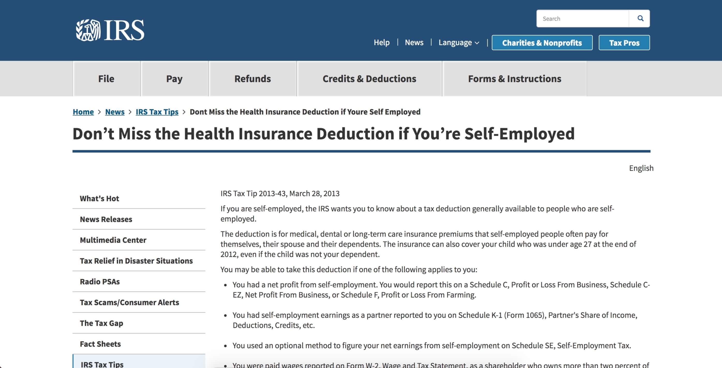 IRS tax tip for health insurance deduction