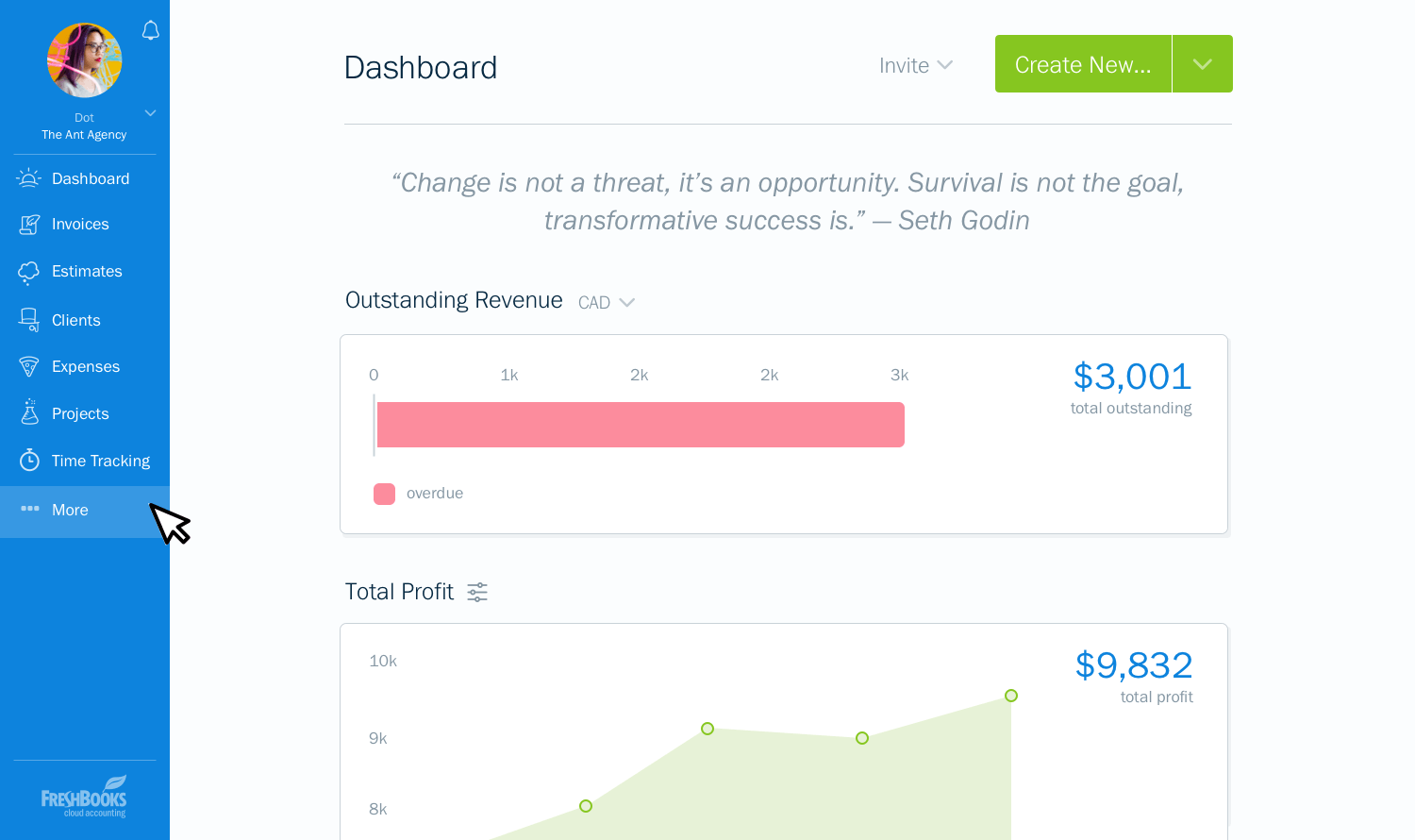 Tableau de bord FreshBooks