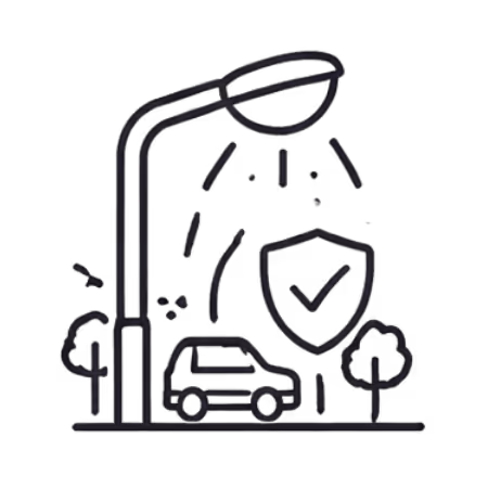 Outline illustration of a streetlight shining down on a car with a shield and checkmark symbol representing protection, surrounded by trees.
