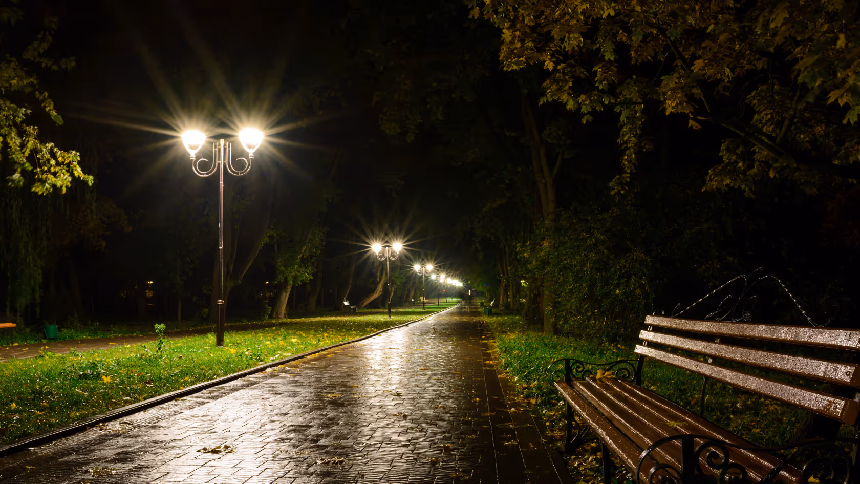 Empty park pathway lined with illuminated street lamps and benches at night.