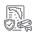 Outline of Florida on a document, accompanied by a shield with a checkmark, a security camera, and a key.