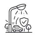 Outline illustration of a streetlight shining down on a car with a shield and checkmark symbol representing protection, surrounded by trees.