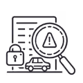 Outline icons of a car, a locked padlock, a document, and a magnifying glass with an exclamation mark indicating vulnerability assessment.