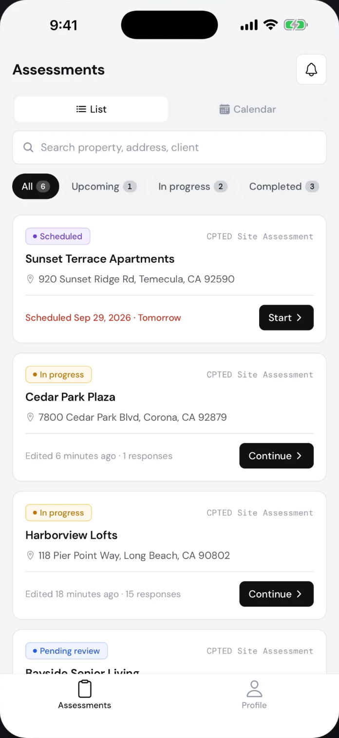 Tricorn app on iPhone: the assessments list, demo company