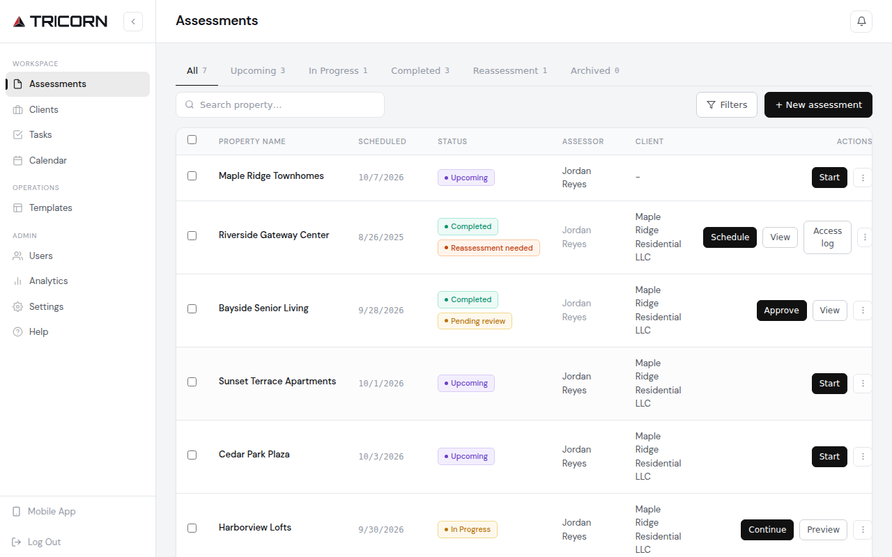 Admin assessments list, demo company