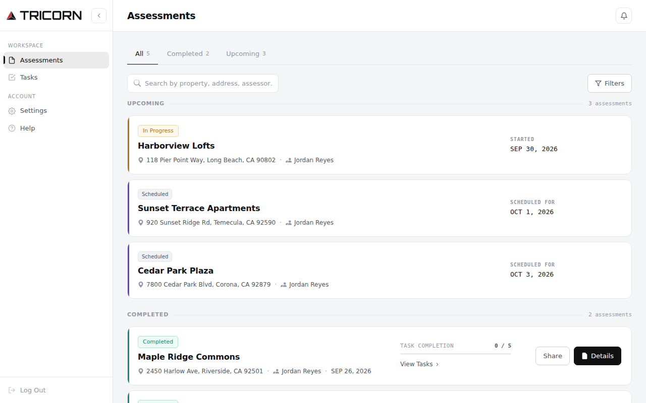 Client portal assessments page, demo company