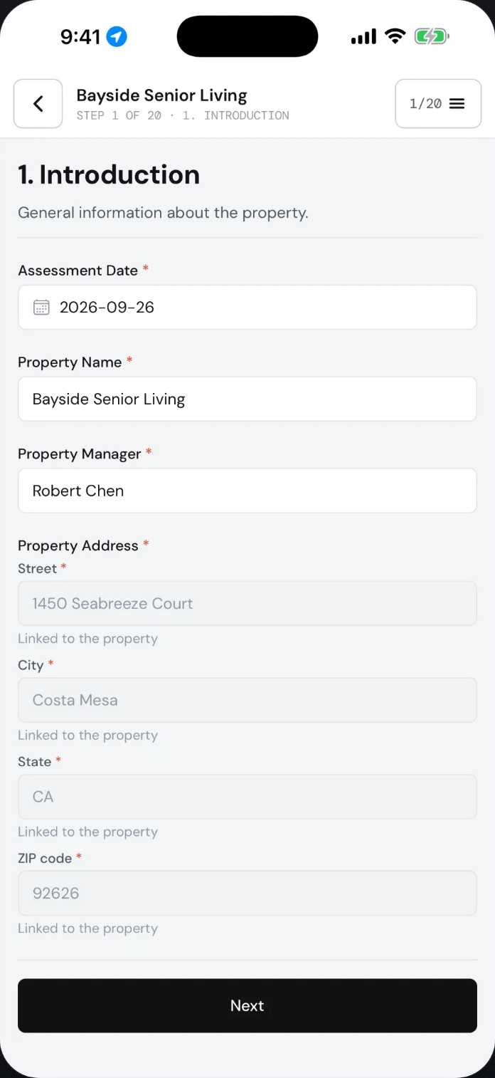 Tricorn app on iPhone: a guided assessment step, demo company
