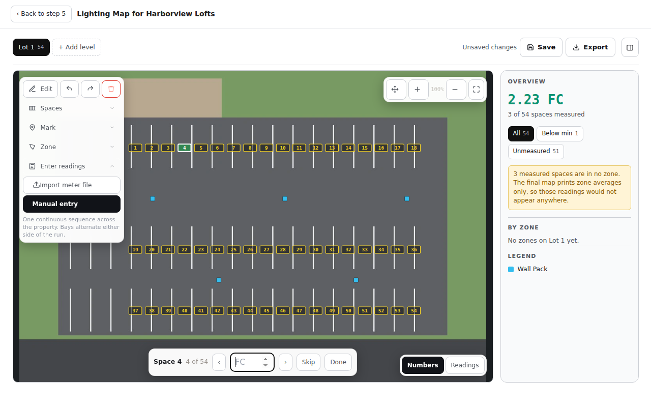 Lighting map with foot-candle readings, demo company