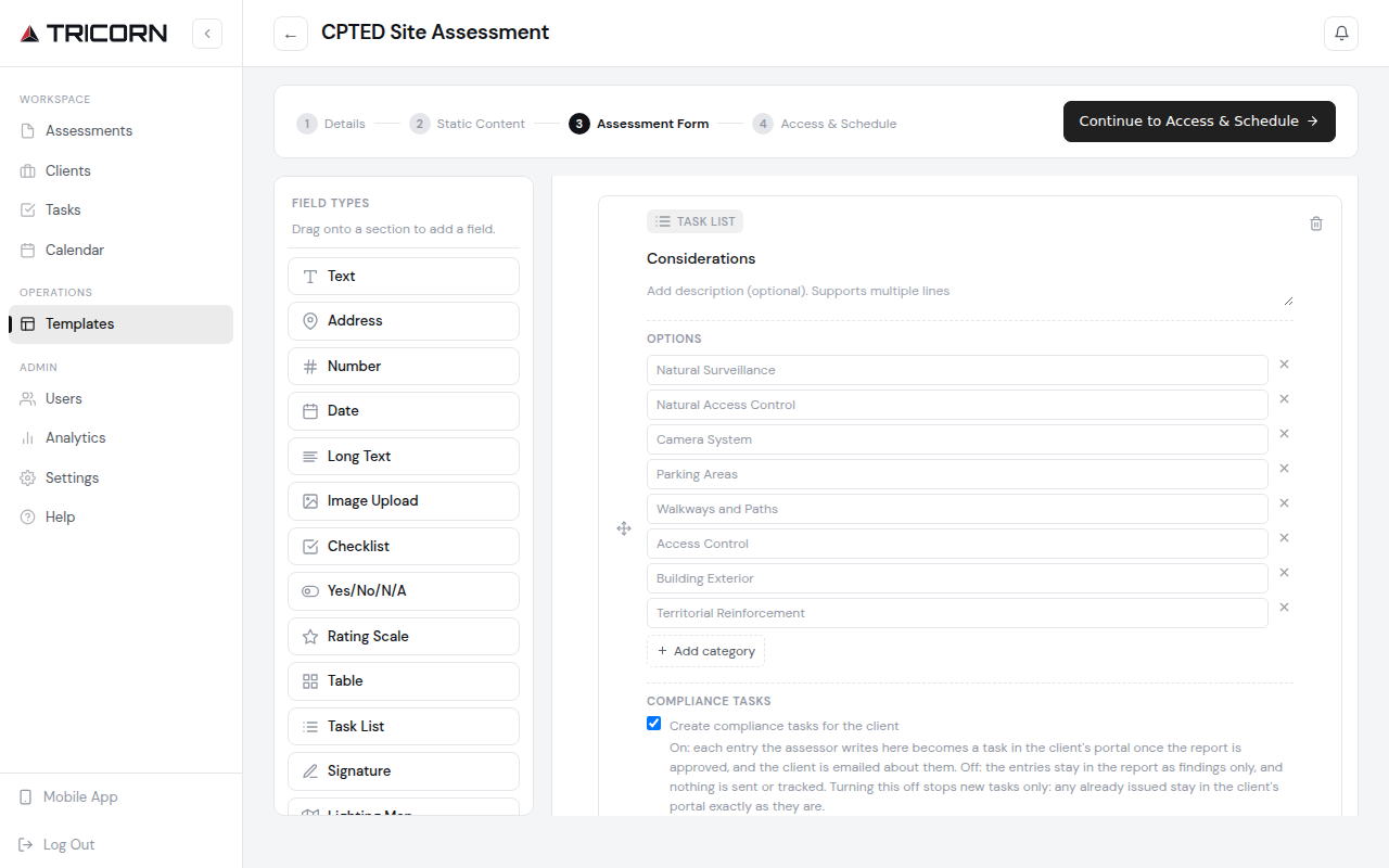 Template builder with a recommendations list, demo company