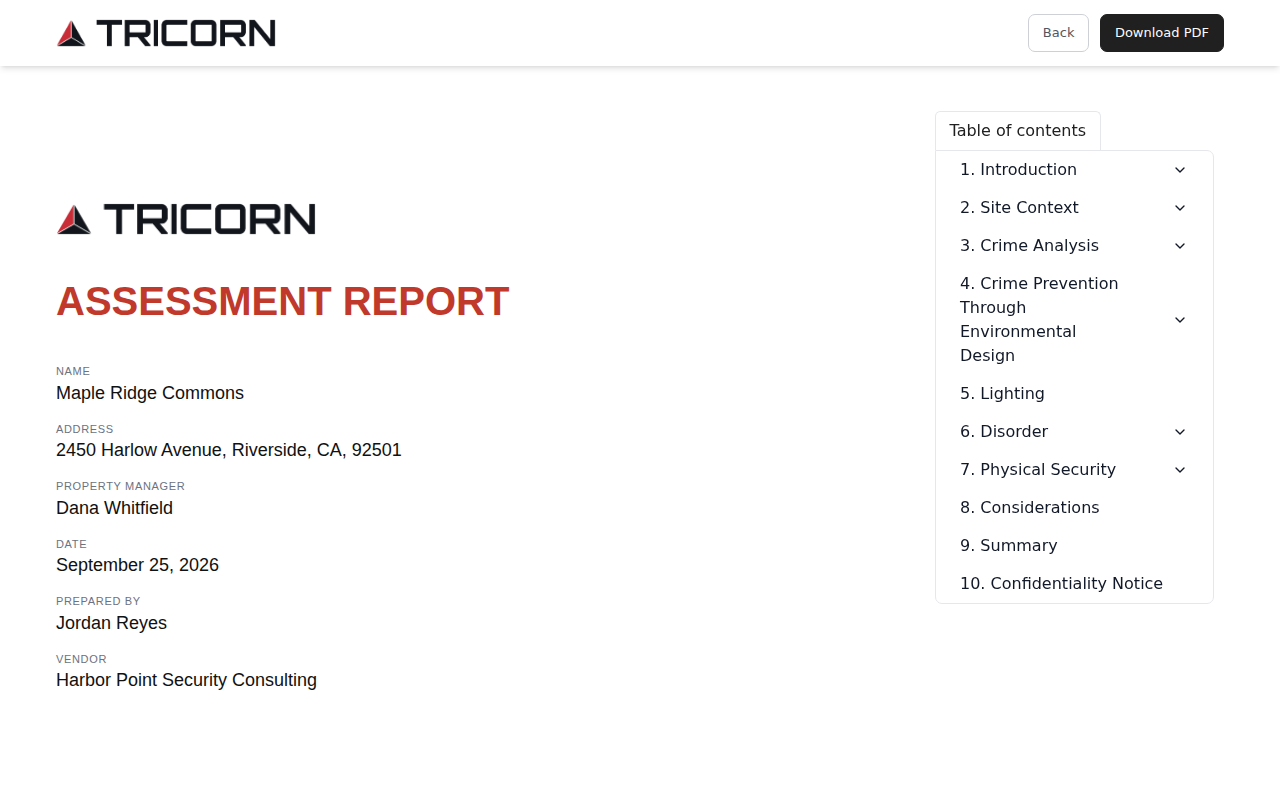Assessment report for Maple Ridge Commons with its table of contents, demo company
