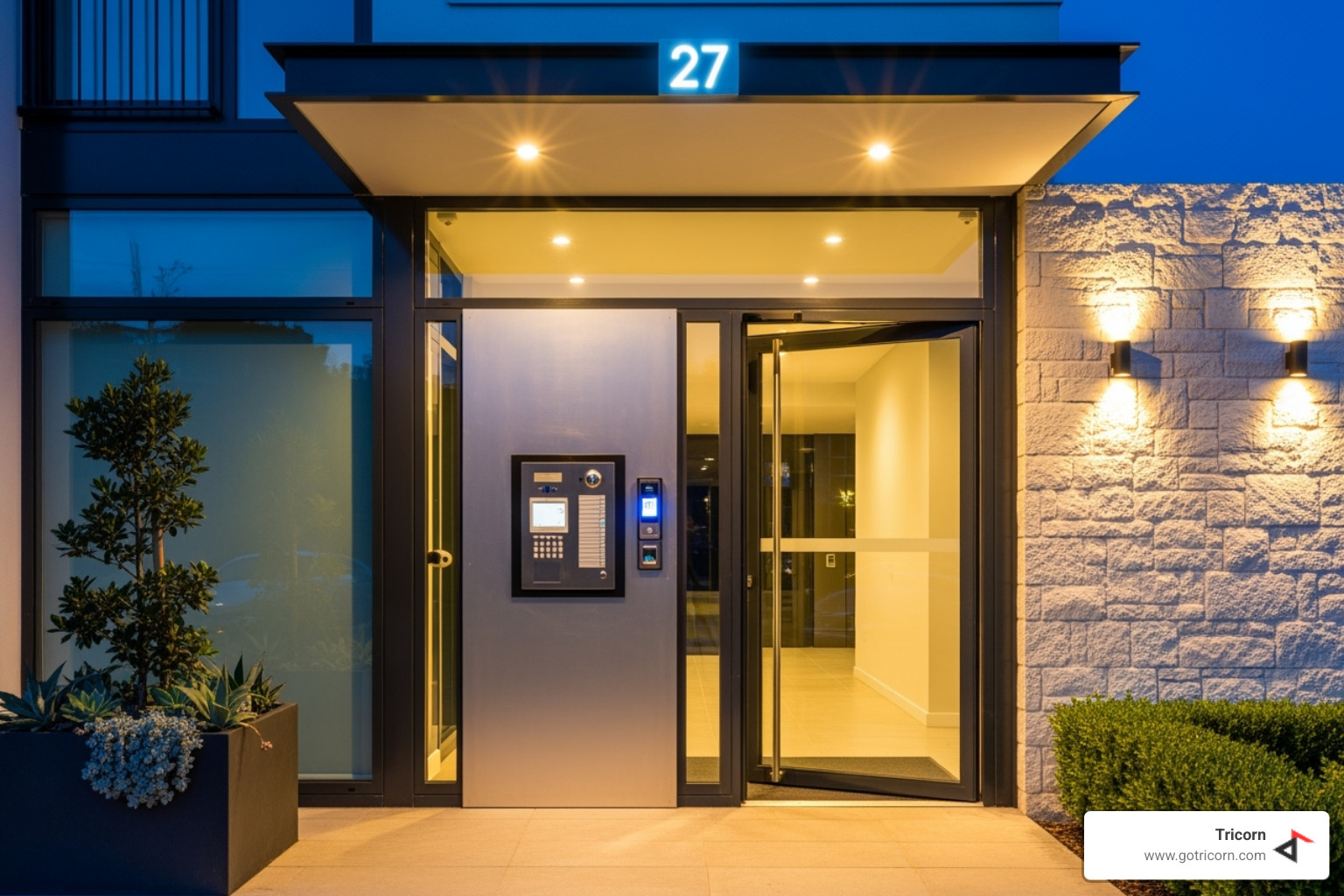 A secure, well-lit entrance to a modern apartment complex - Florida HB 837