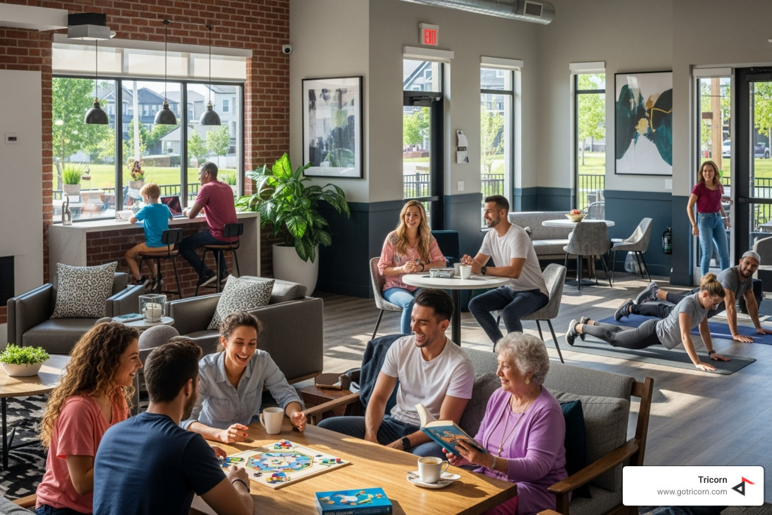 diverse group of happy residents in community common area - multi-family security consulting diverse group of happy residents in community common area - multi-family security consulting