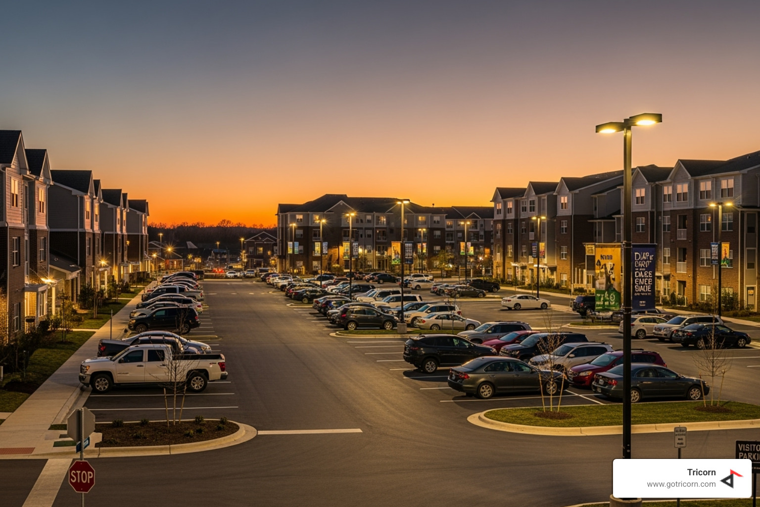 well-lit apartment complex parking lot at dusk - multi-family security consulting well-lit apartment complex parking lot at dusk - multi-family security consulting