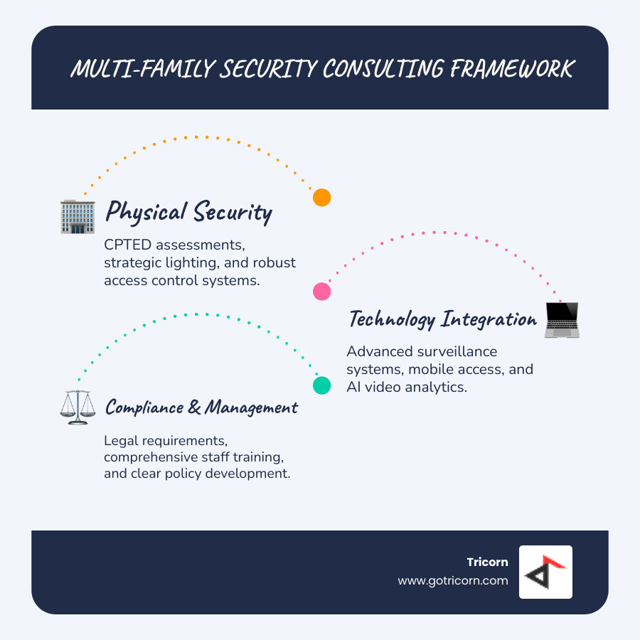 Multi-family security consulting framework showing three pillars: Physical Security (CPTED assessments, lighting, access control), Technology Integration (surveillance systems, mobile access, AI analytics), and Compliance Management (legal requirements, staff training, policy development) - multi-family security consulting infographic infographic-line-3-steps-blues-accent_colors Multi-family security consulting framework showing three pillars: Physical Security (CPTED assessments, lighting, access control), Technology Integration (surveillance systems, mobile access, AI analytics), and Compliance Management (legal requirements, staff training, policy development) - multi-family security consulting infographic infographic-line-3-steps-blues-accent_colors