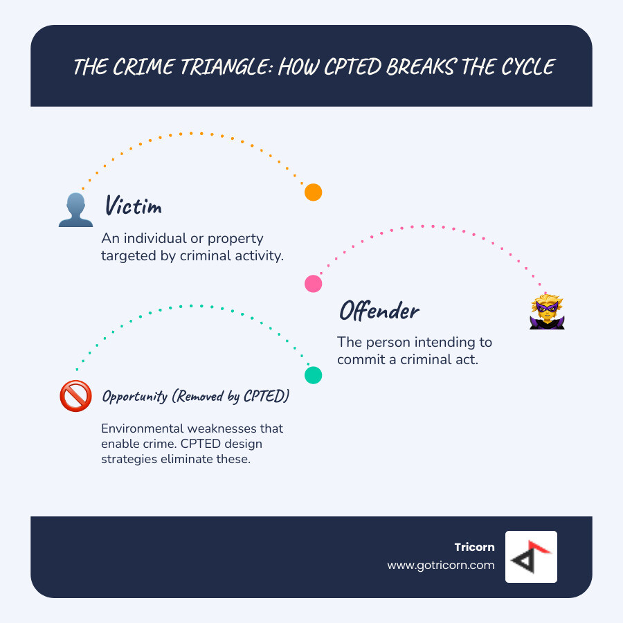 Infographic showing the Crime Triangle with three interconnected circles labeled Victim, Offender, and Opportunity, with CPTED strategies removing the Opportunity corner to prevent crime - CPTED audit report infographic infographic-line-3-steps-blues-accent_colors