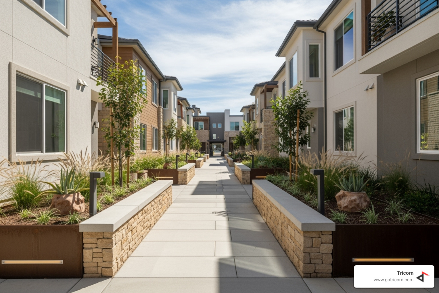 A well-lit, open multi-family property walkway with clear sightlines and decorative landscaping - CPTED audit report