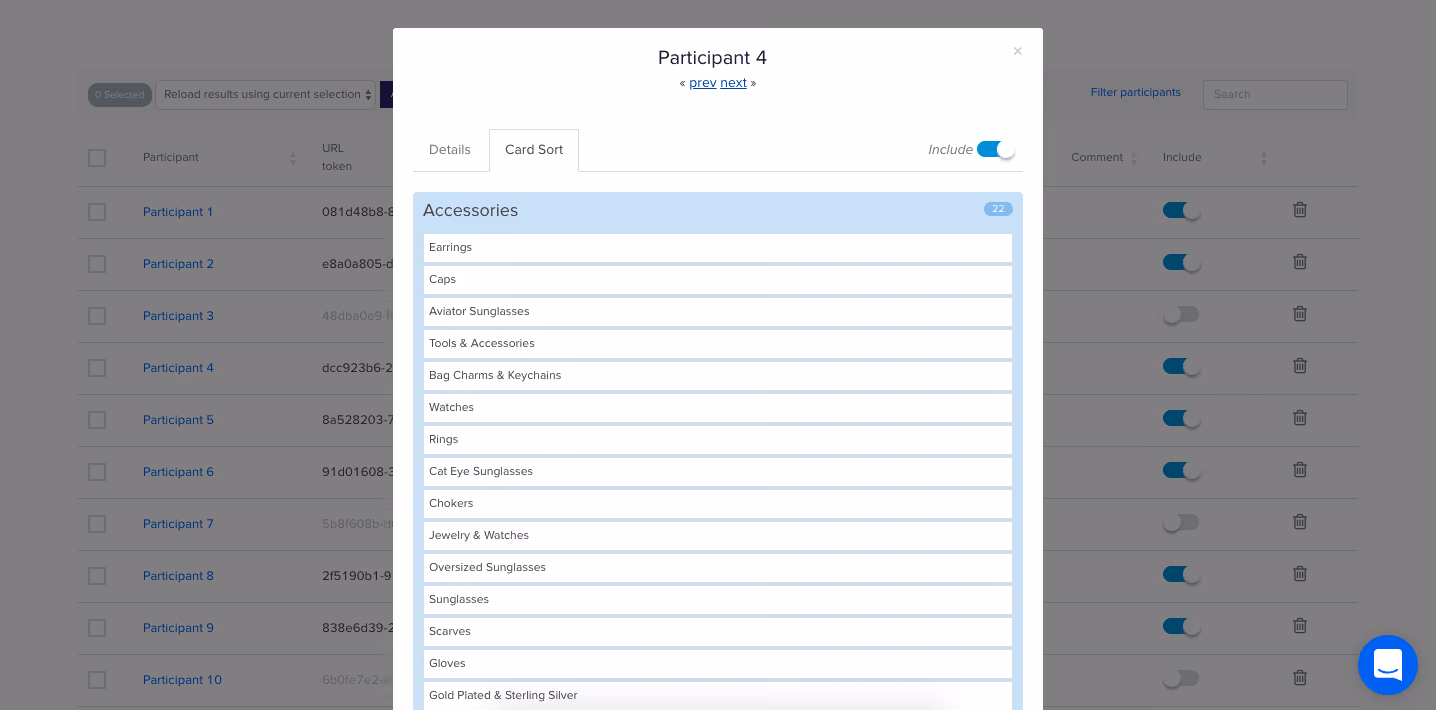 A screenshot of the individual participant card sort results pop-up in OptimalSort.