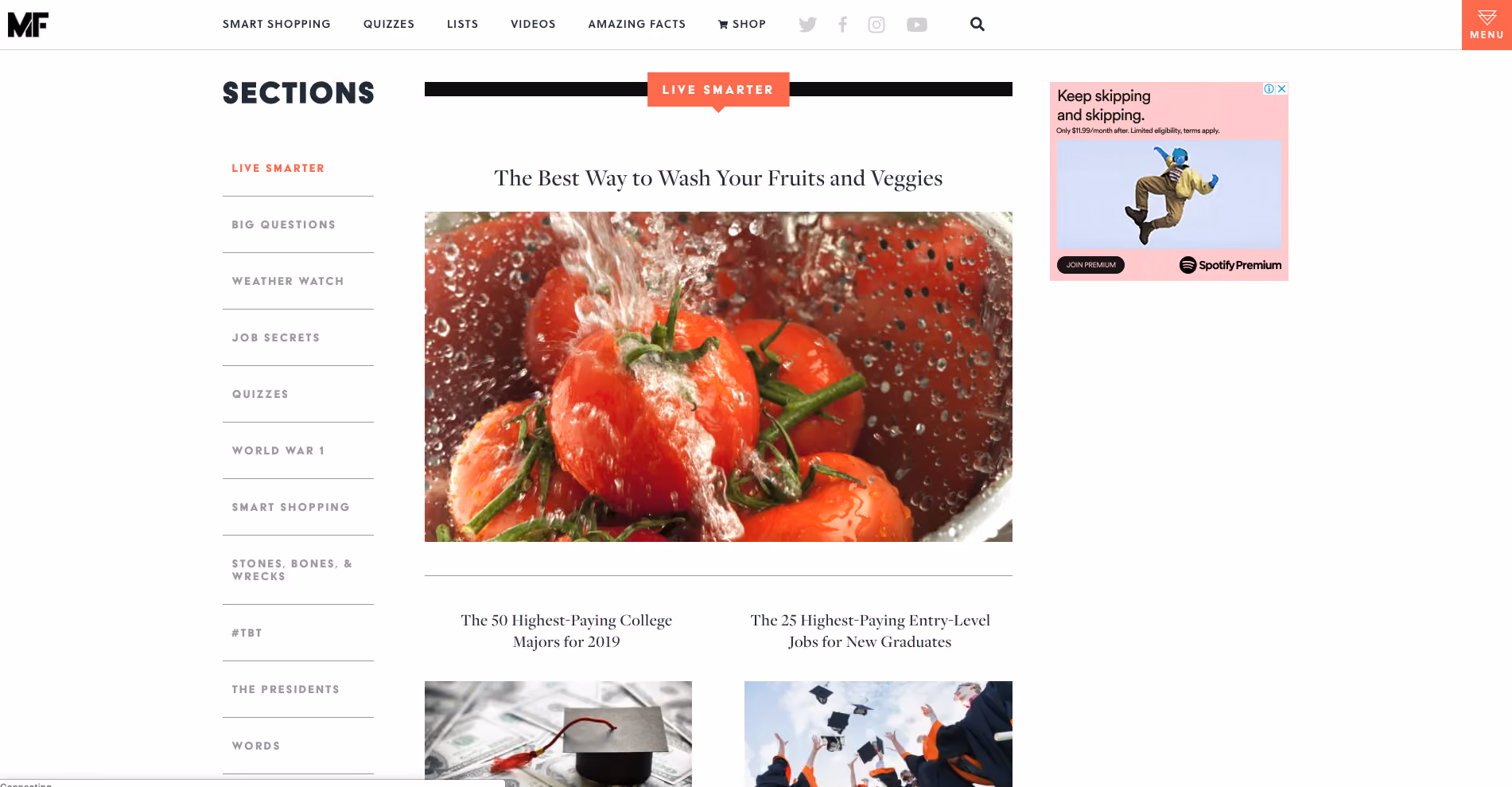 Mental Floss’ home page showing the ‘Sections’ area and it’s vertical side navigation