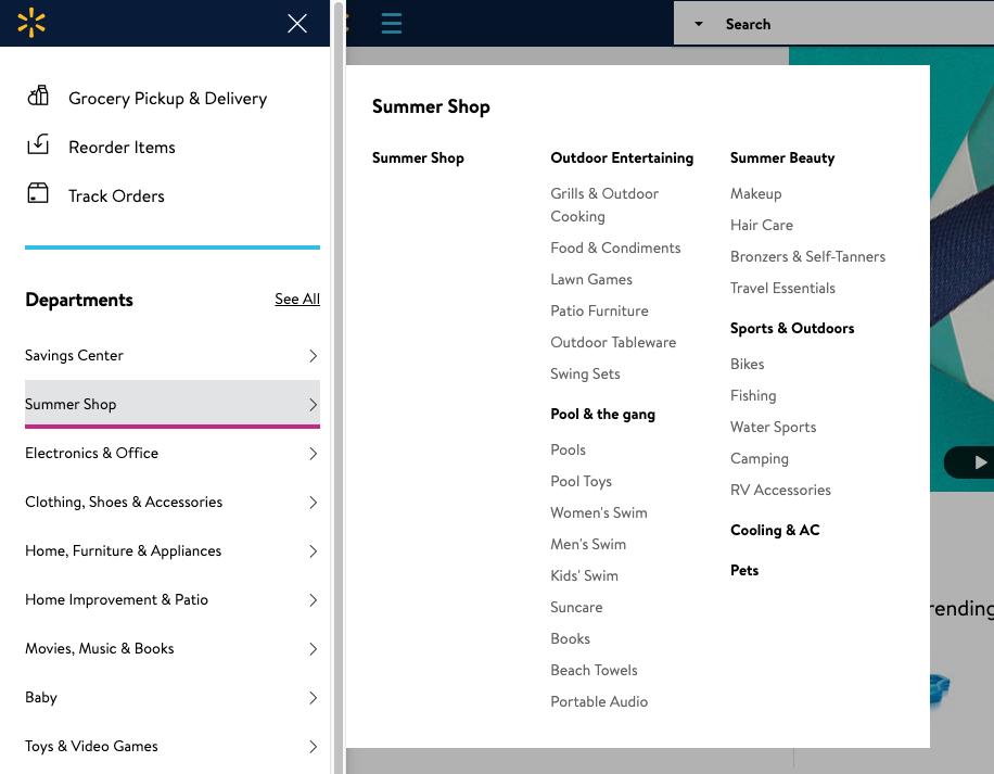 Walmart’s vertical navigation menu with ‘Summer Shop’ clicked