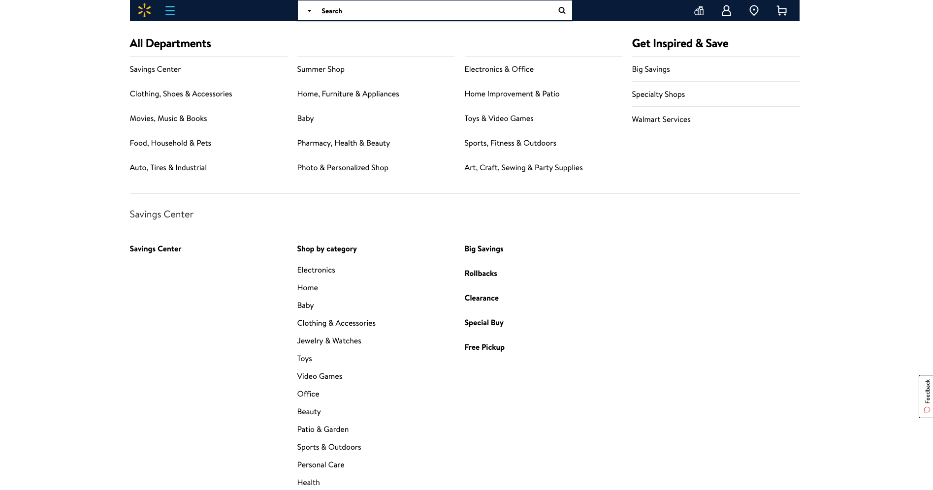 ‘All Departments’ page on Walmart’s website