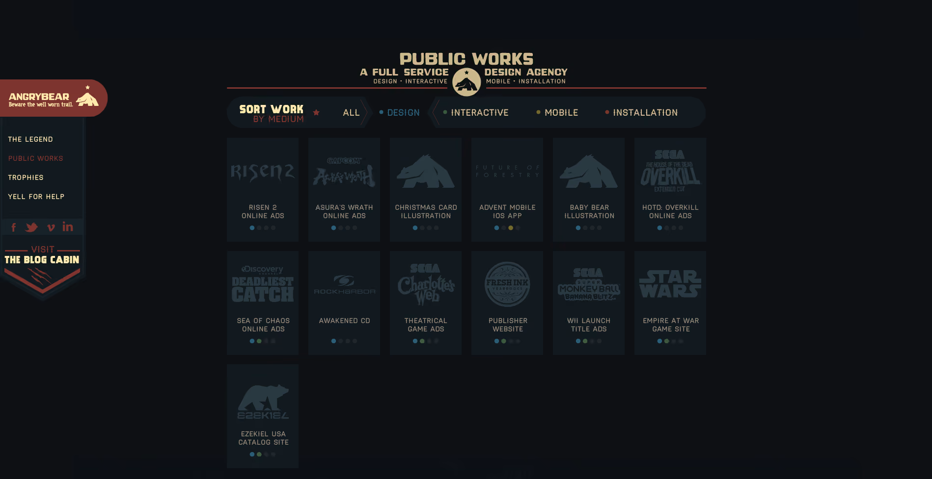 Angry Bear’s website with the ‘Design’ filter applied to the portfolio.
