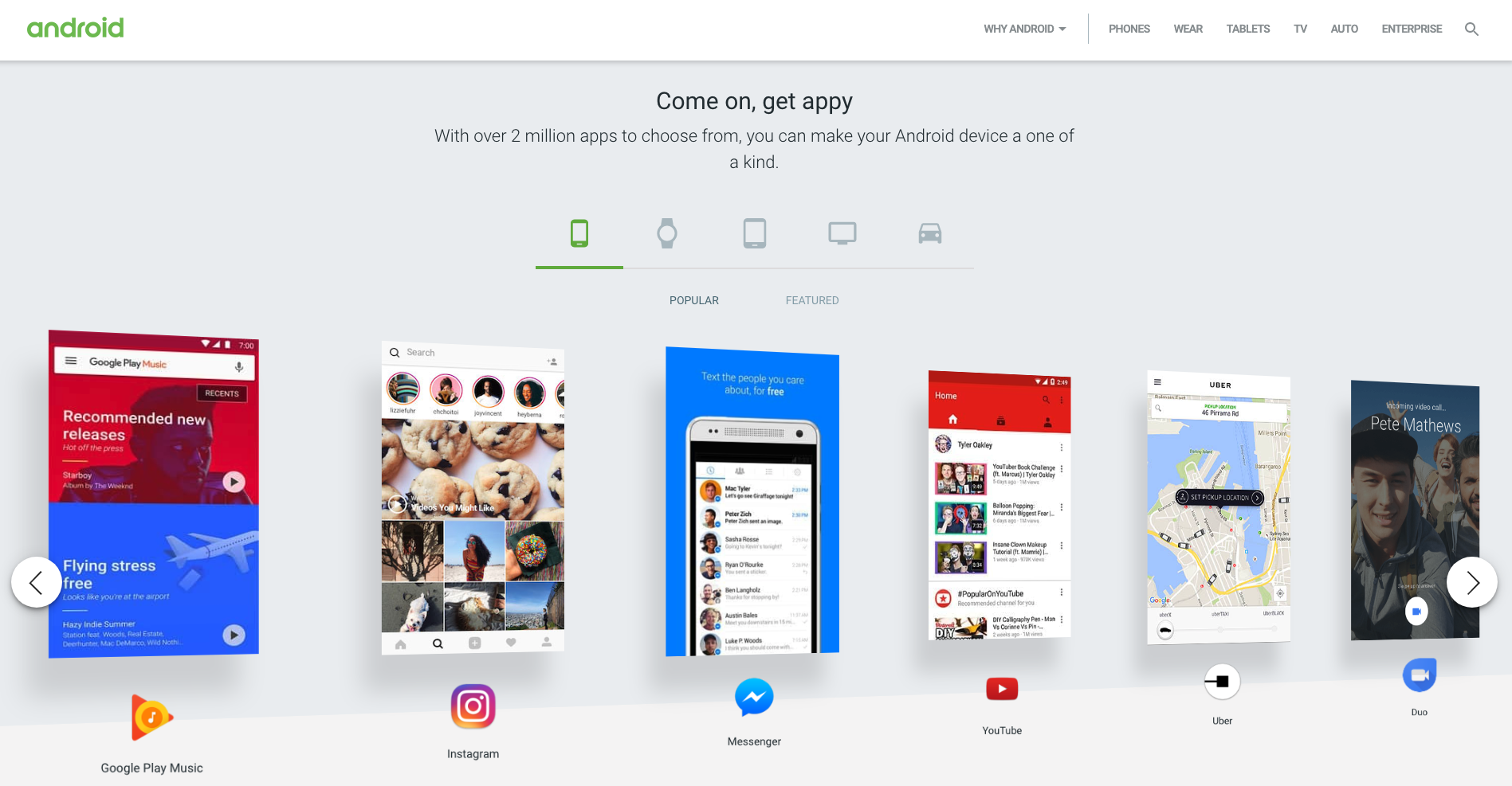 Another slice of the Android website homepage.