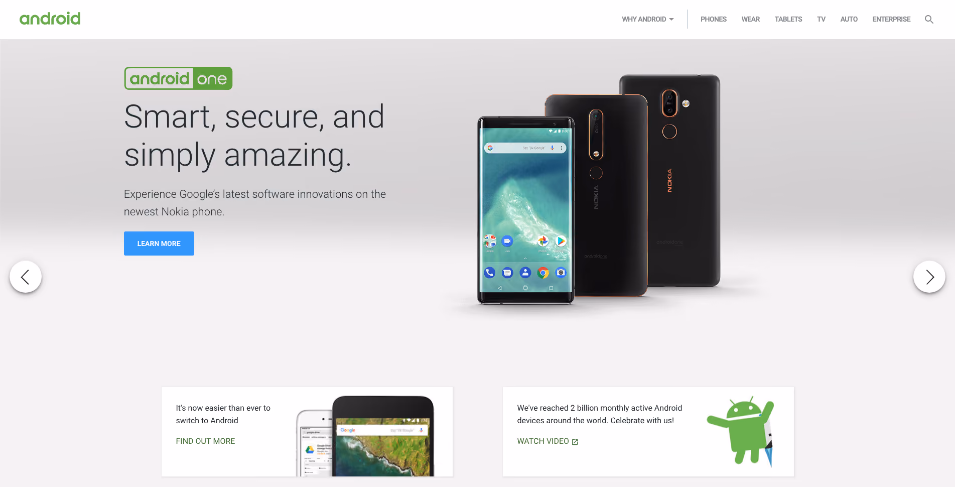 The Android website homepage.