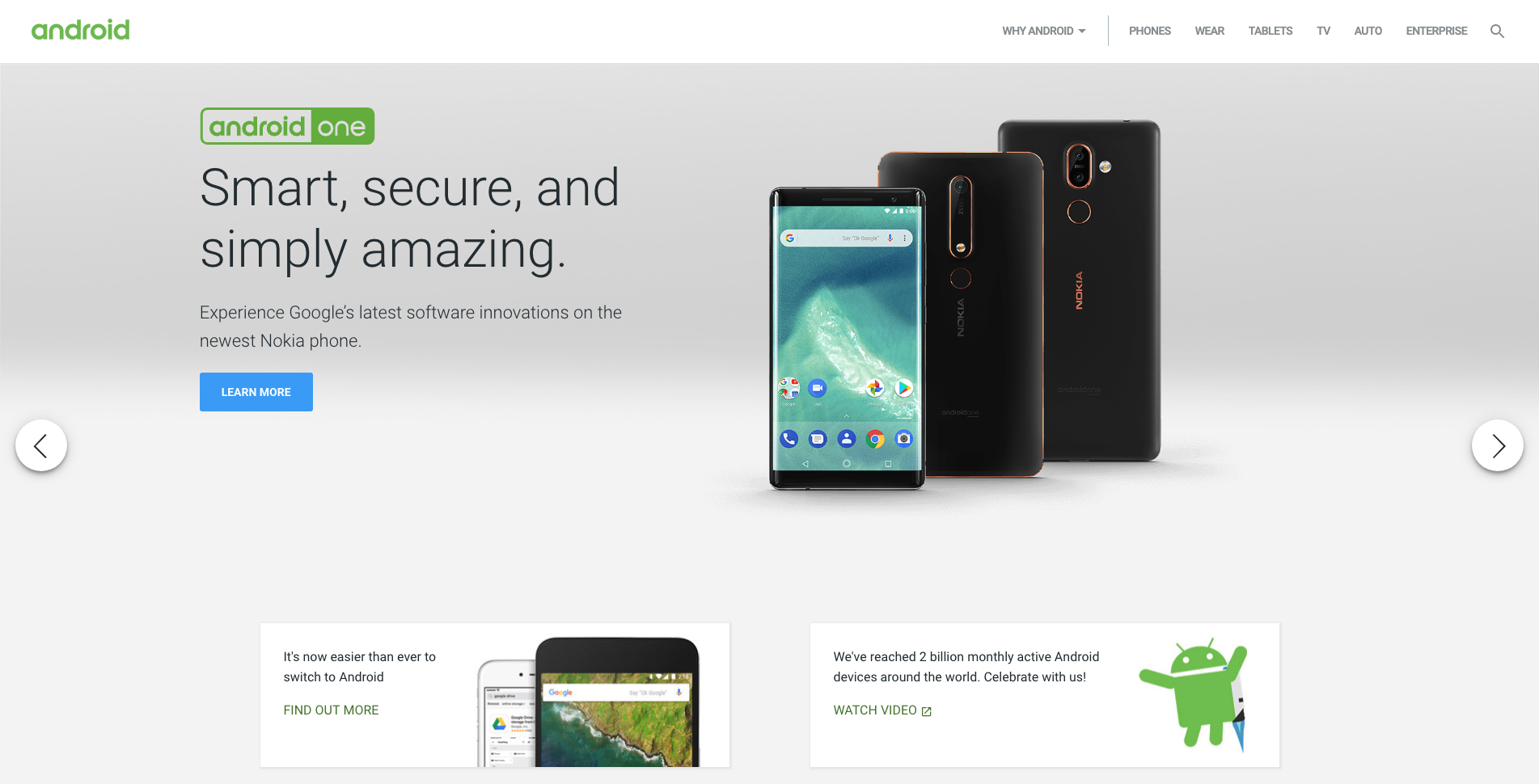 The Android website homepage.
