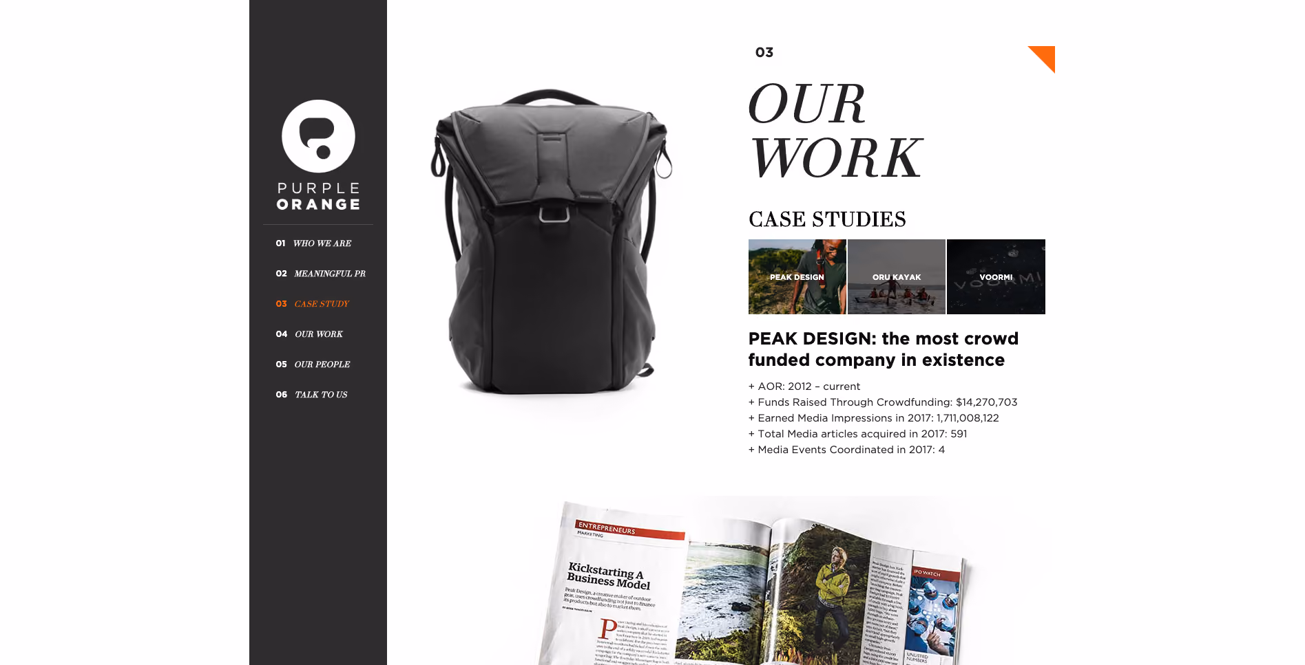 Purple Orange scrolled to its third content section called ‘Our Work’.