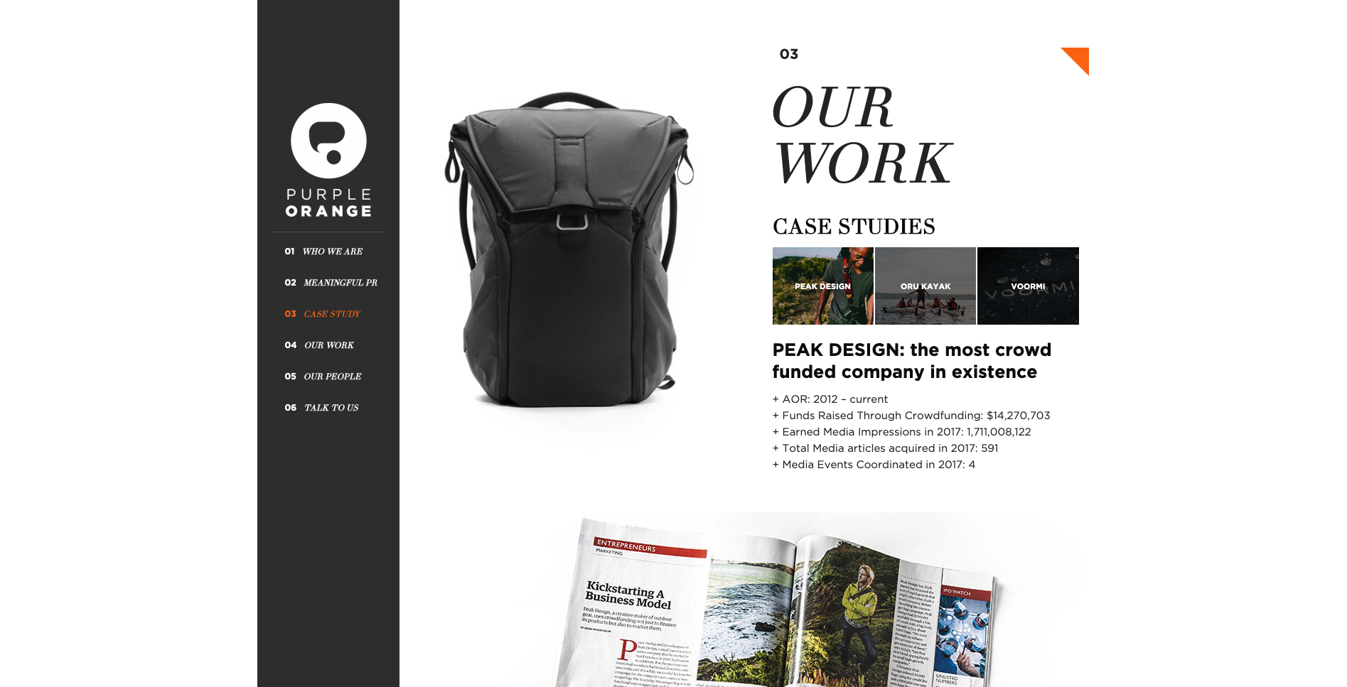 Purple Orange scrolled to its third content section called ‘Our Work’.
