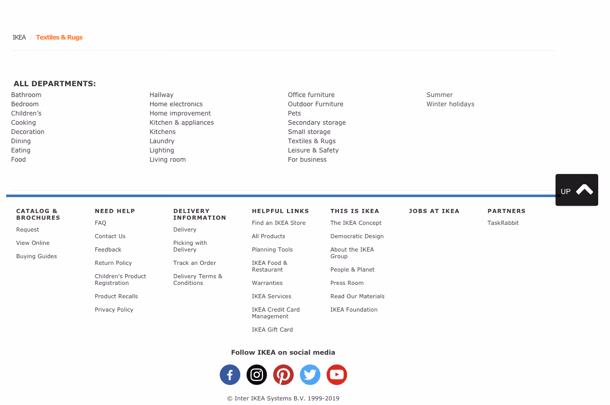 An image of IKEA US product page footer on their website, from 2019.