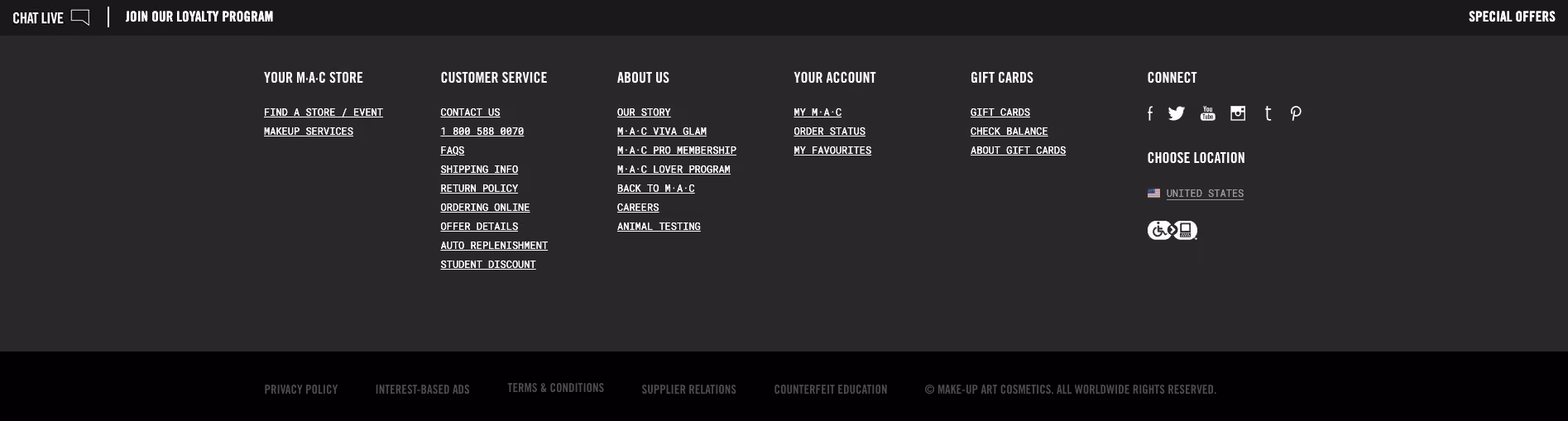 MAC Cosmetics US website footer with three parts as it appears on the home page upon first glance, from 2019.